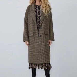 ZARA Oversize Coat XL Brown Black Check Plaid Long Chester Drop Shoulder Jacket